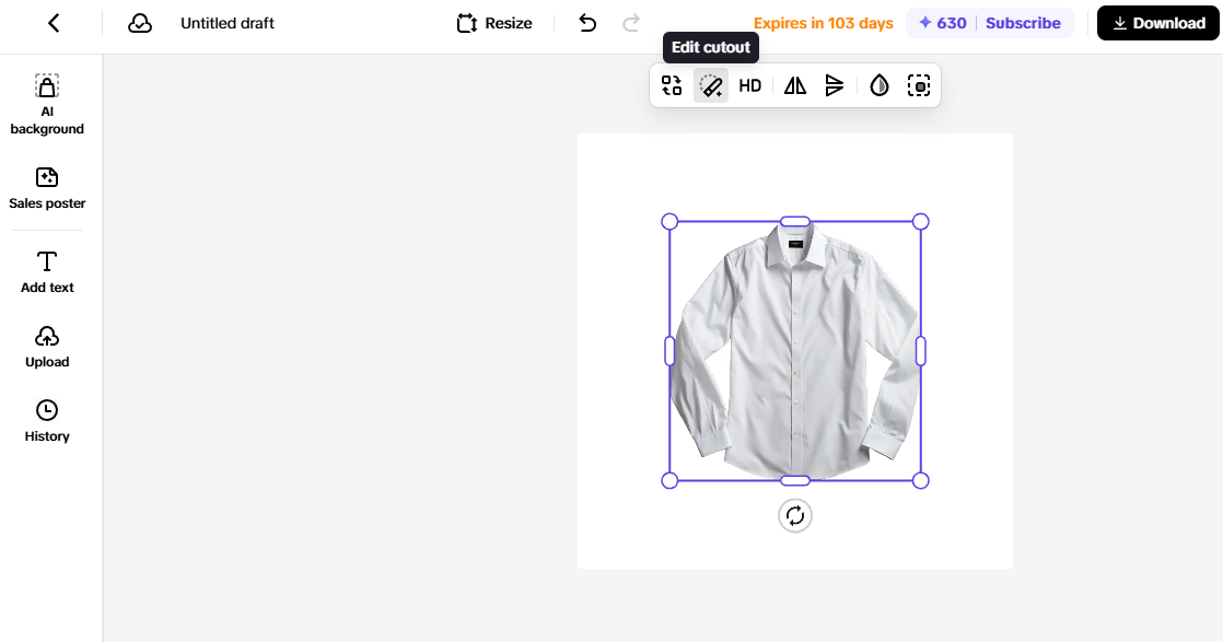 Editing a white dress shirt cutout for an eCommerce website product listing.